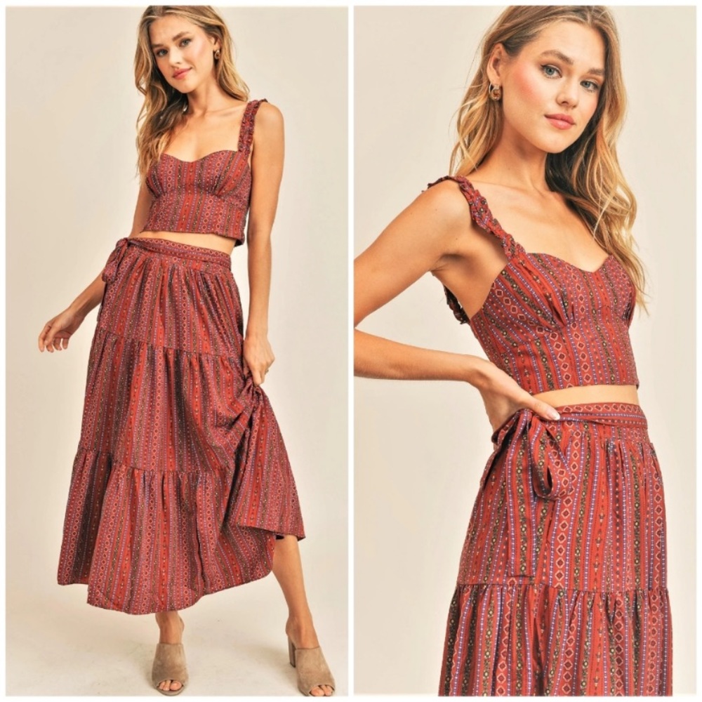 Reset by Jane Boho Tiered Skirt Set Crop Band Top Retro Maxi Skirt NWT